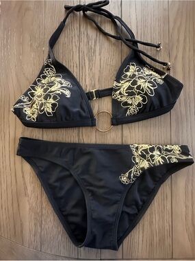 Esprit Black Bikini with Gold Floral Print & Center Ring